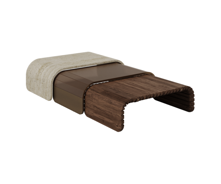 Stolik kawowy Henley od WoodTailors 121 cm marmur mosiądz drewno orzecha amerykańskiego