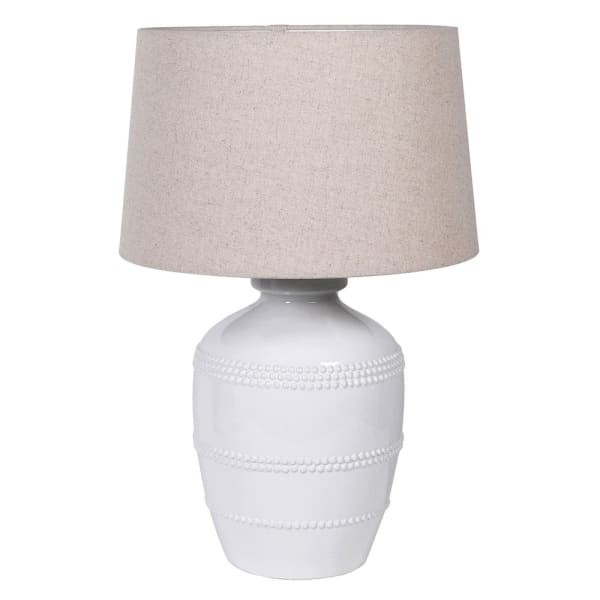 Lampa stołowa Beaded 62 biała ceramiczna podstawa jasny abażur lniany
