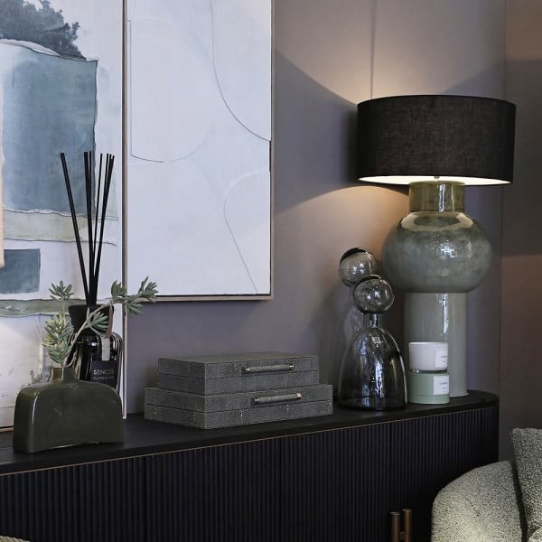Duża żelazna lampa stołowa Lyall Green 83 cm czarny lniany abażur