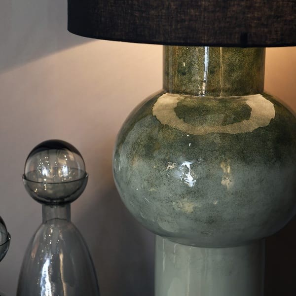 Duża lampa stołowa zielono-czarna z lnianym abażurem | K&B London