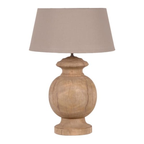 Duża drewniana lampa stołowa Manila Round 74 cm drewno mango lniany  abażur 