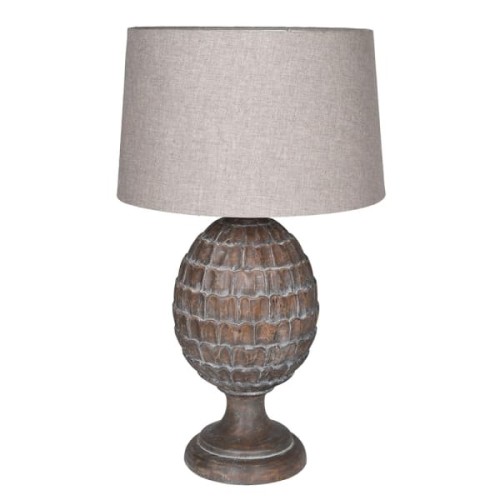 Duża drewniana lampa stołowa Artichoke 77 cm drewno mango lniany  abażur 