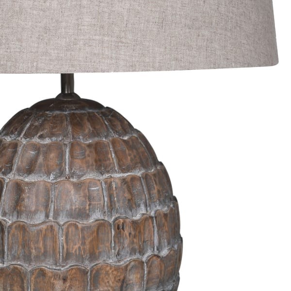Duża drewniana lampa stołowa Artichoke 77 cm drewno mango lniany abażur