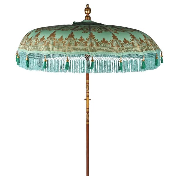 Ręcznie malowany parasol ogrodowy orientalny 188 cm w kolorze niebieskim ze złotymi zdobieniami