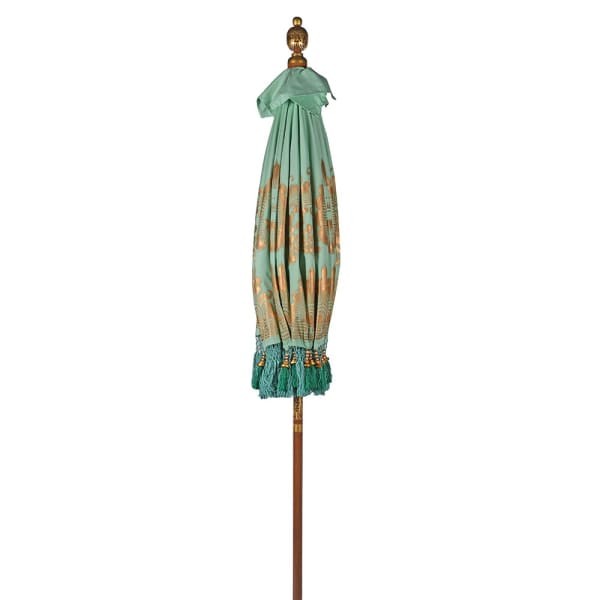 Ręcznie malowany parasol ogrodowy orientalny 188 cm w kolorze niebieskim ze złotymi zdobieniami