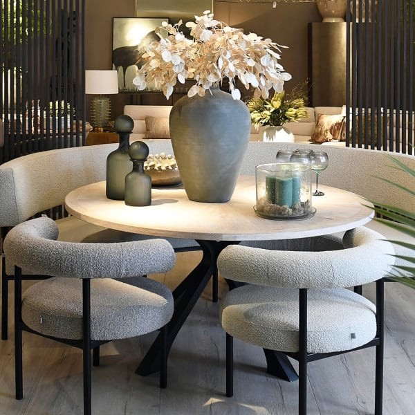 Dębowy stół okrągły Innovation 150 cm czarne żelazne nogi przecierane drewno