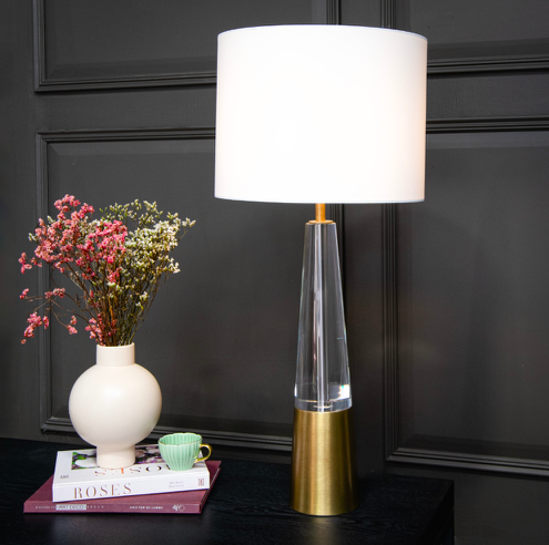 Lampa stołowa Edvin 57 cm kryształowe szkło złote detale beżowy abażur