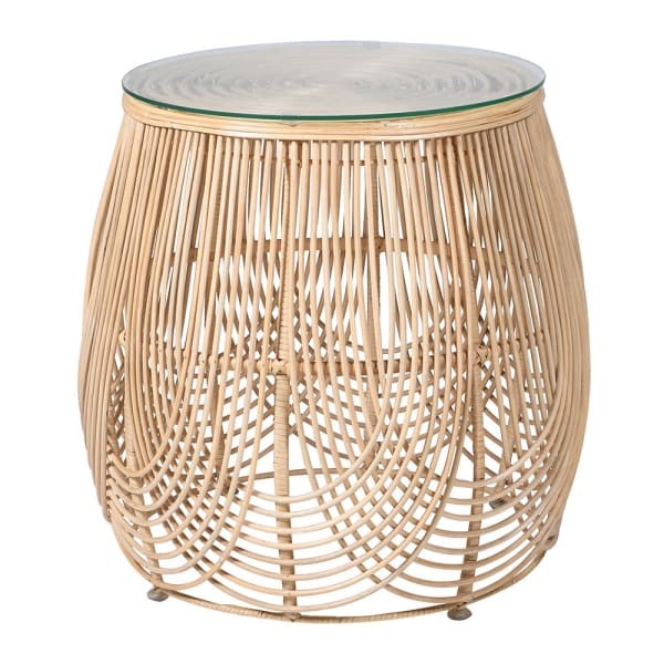 Okrągły stolik boczny Rattan Natural 55 cm plecionka rattan okrągły blat szklany