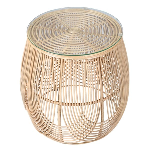Okrągły stolik boczny Rattan Natural 55 cm plecionka rattan okrągły blat szklany