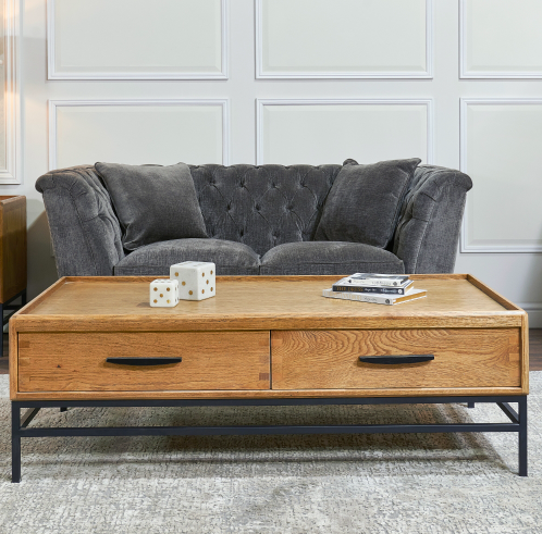 Drewniana ława kawowa Brue stół kawowy 140 cm dąb dwie szuflady