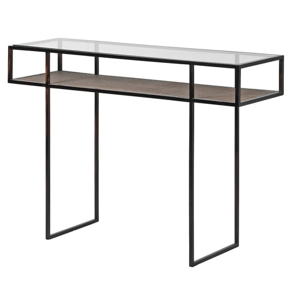 Konsola Lyall Wicker 110 cm szkło i półka z wikliny czarna nowoczesna konsola