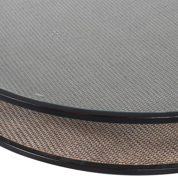 Okrągły stolik kawowy Lyall Wicker 100 cm szkło i półka z wikliny