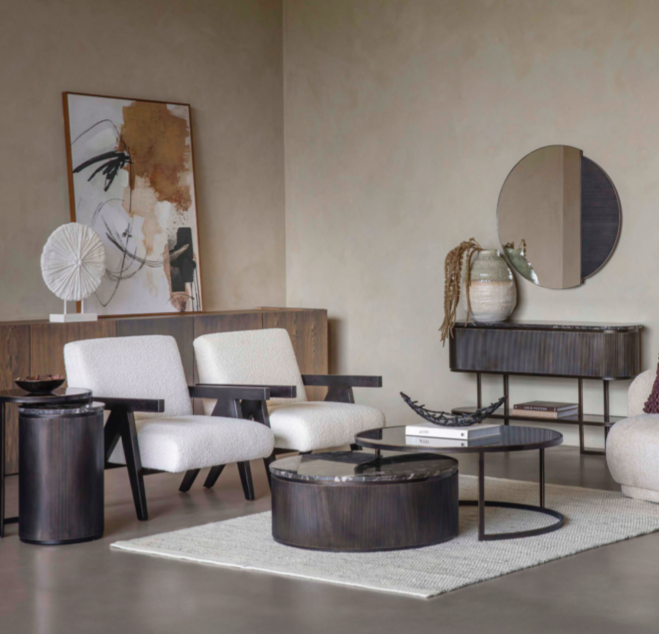 Dwa stoliki kawowe Primrose Black czarny marmur czarne szkło brązowa podstawa