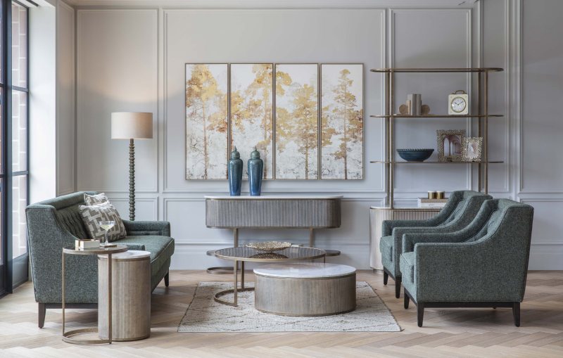 Złota Konsola Primrose 135 cm złota podstawa i marmurowy blat