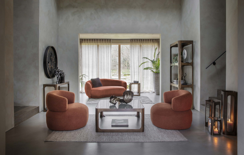 Zaokrąglona mała sofa Ennismore Burnt 180 cm tkanina Chenille pomarańczowa kanapa