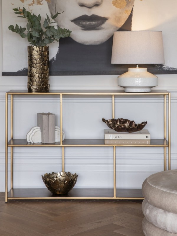 Metalowa konsola Bromley Gold 122 cm złota żelazna konsola do salonu