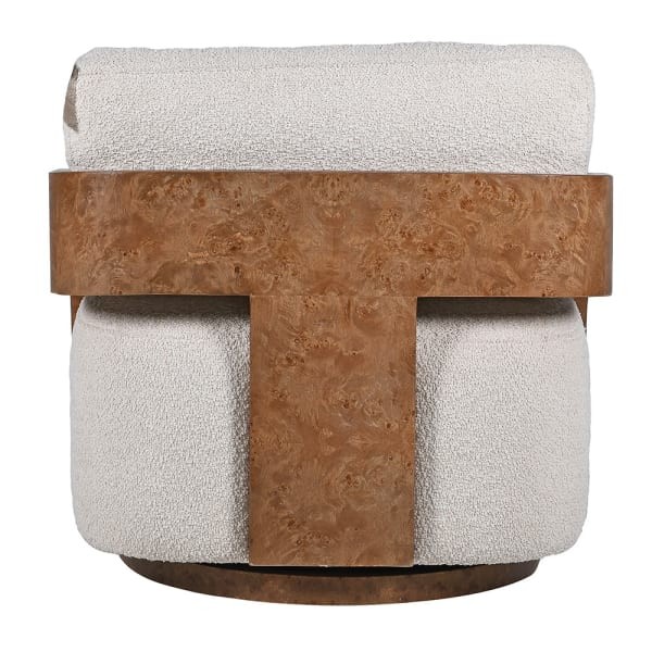 Fotel Heron Burl biały fotel boucle obrotowy drewniana rama