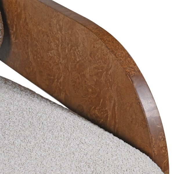 Fotel Heron Burl biały fotel boucle obrotowy drewniana rama