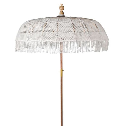 Parasol dekoracyjny White Macrame 170 cm średnicy bawełna drewniana podstawa