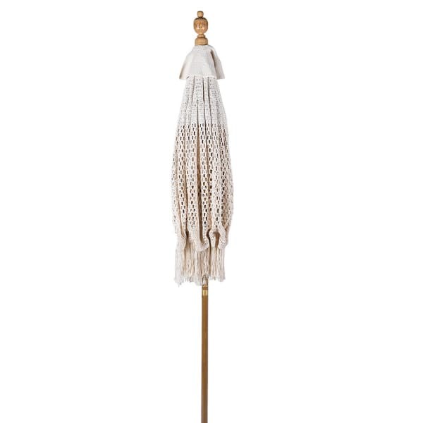 Parasol dekoracyjny White Macrame 170 cm średnicy bawełna drewniana podstawa