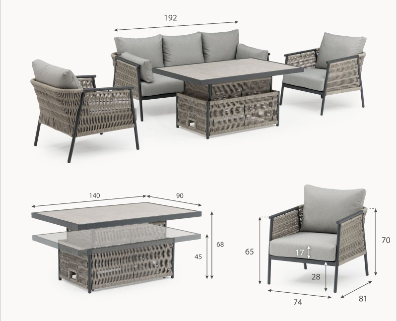 Komplet mebli ogrodowych Esher - sofa trzyosobowa fotele i stół z regulowaną wysokością aluminium