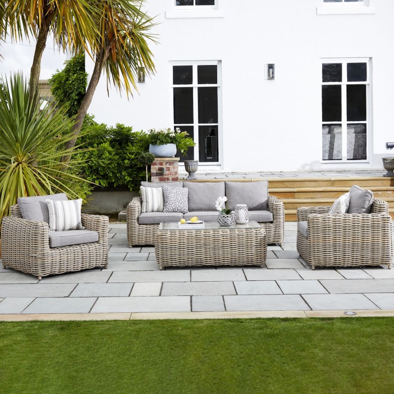 Zestaw mebli ogrodowych Bromley sofa fotele i stolik kawowy technorattan
