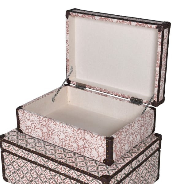 Komplet trzech skrzyń Porto bawełna wzory skórzane detale