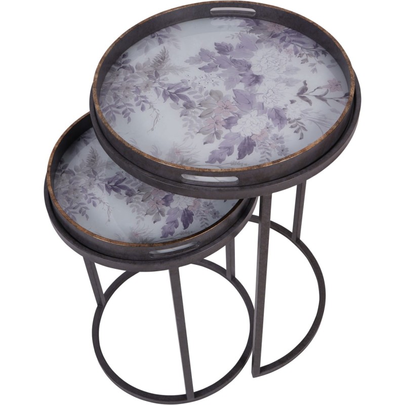 Dwa stoliki boczne Flowers Purple 69 cm fiolet dwa stoliki ze zdejmowaną tacą