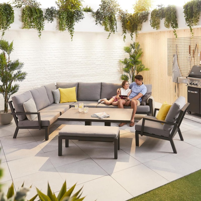 Szary komplet mebli ogrodowych Oxford sofa narożna stół ławka fotel szary