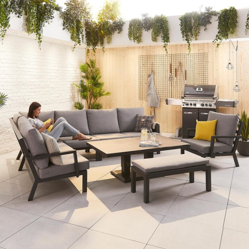 Szary komplet mebli ogrodowych Oxford sofa narożna stół ławka fotel szary