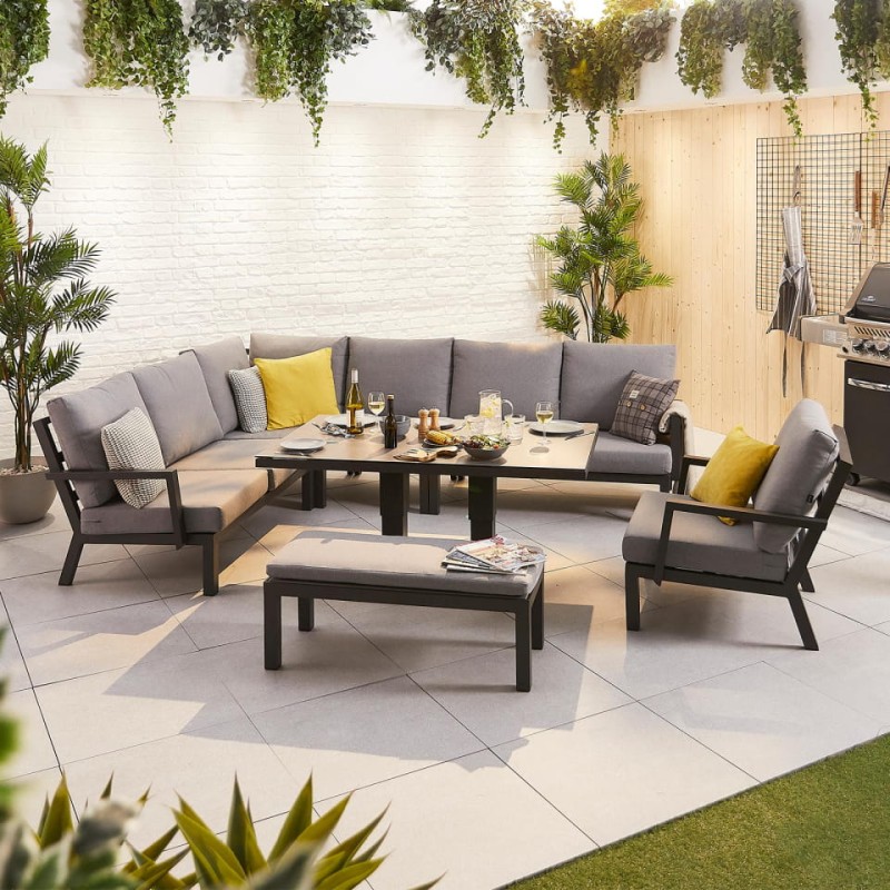 Szary komplet mebli ogrodowych Oxford sofa narożna stół ławka fotel szary