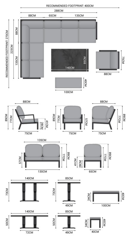 Szary komplet mebli ogrodowych Oxford sofa narożna stół ławka fotel szary
