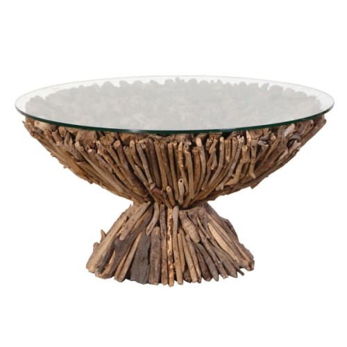 Okrągły stolik kawowy Hayes 75 cm driftwood  podstawa drewniana szklany blat