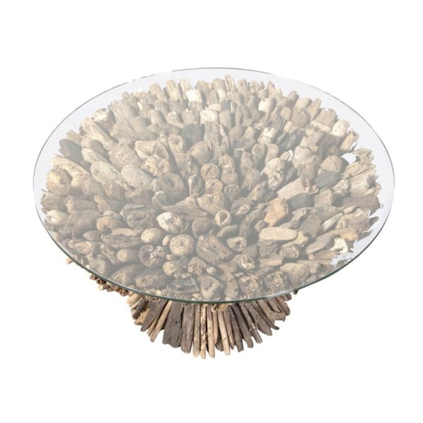 Okrągły stolik kawowy Hayes 75 cm driftwood  podstawa drewniana szklany blat