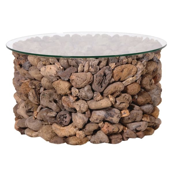 Okrągły stolik kawowy Boho 75 cm driftwood podstawa drewniana szklany blat