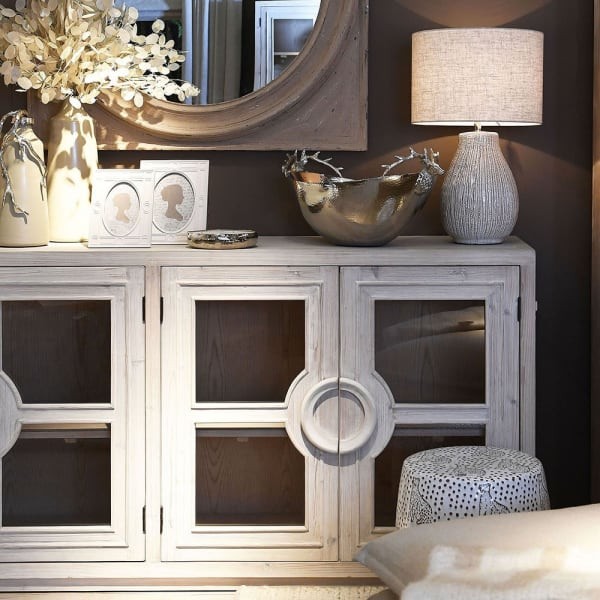 Kredens do salonu Recycled Light 200 cm jasne drewno szklane fronty czterodrzwiowy