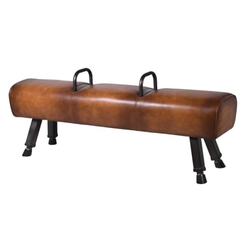 Ławka skórzana Chester Leather 150 cm brąz skóra naturalna czarna podstawa