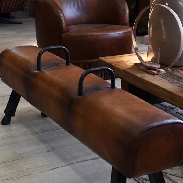 Ławka skórzana Chester Leather 150 cm brąz skóra naturalna czarna podstawa