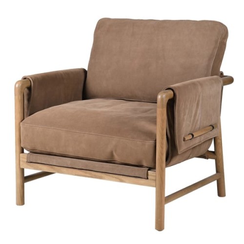 Fotel Skórzany Suede 87 cm brązowy zamsz dębowa rama