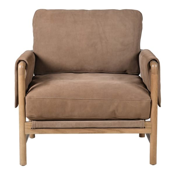 Fotel Skórzany Suede 87 cm brązowy zamsz dębowa rama