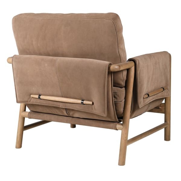 Fotel Skórzany Suede 87 cm brązowy zamsz dębowa rama