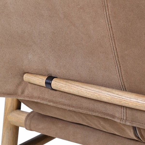 Fotel Skórzany Suede 87 cm brązowy zamsz dębowa rama