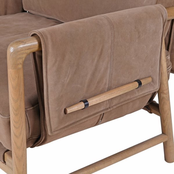 Fotel Skórzany Suede 87 cm brązowy zamsz dębowa rama