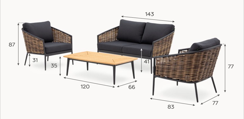 Komplet mebli Palomino sofa dwa fotele stolik kawowy rattan aluminium