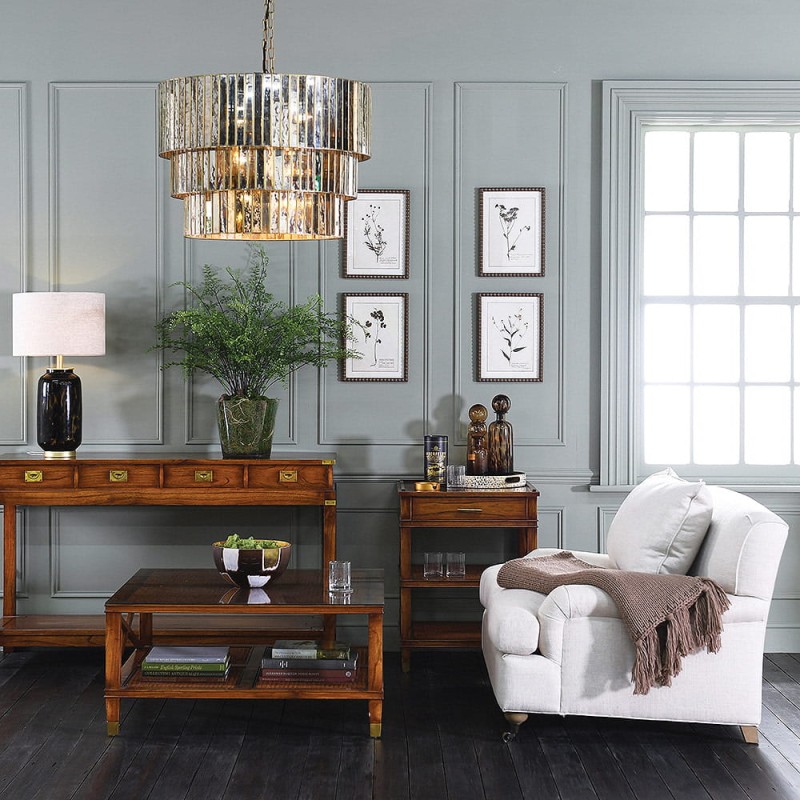 Stolik kawowy Shire Melia indyjska 100 cm brąz szklany blat kwadratowa ława