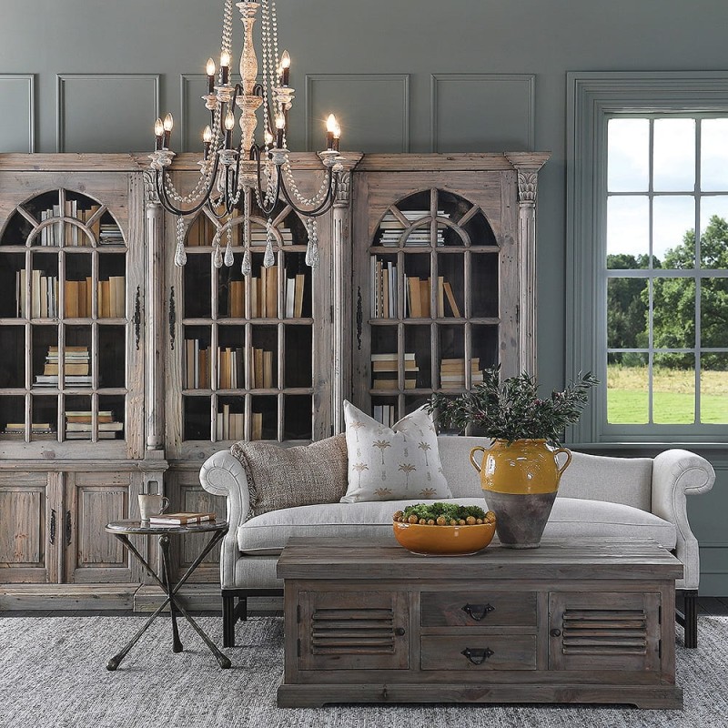 Drewniany stolik kawowy Garda Pine 140 cm sosna drewno z odzysku szuflady i szafki