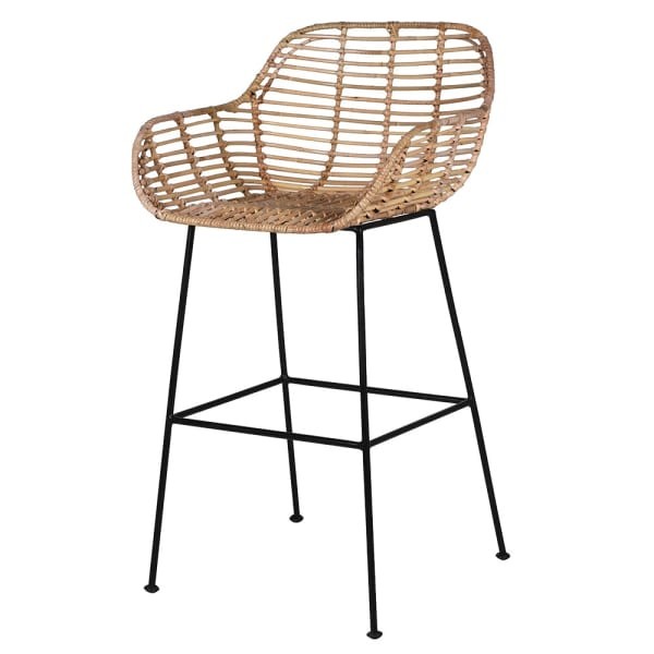 Hoker rattanowy Boho z czarną metalową podstawą do wyspy kuchennej