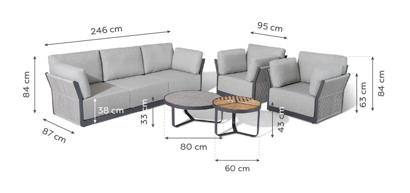 Komplet mebli ogrodowych June - sofa trzyosobowa, fotele i podwójny stolik kawowy na taras