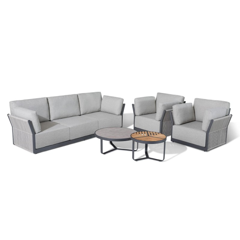 Komplet mebli ogrodowych June - sofa trzyosobowa, fotele i podwójny stolik kawowy na taras