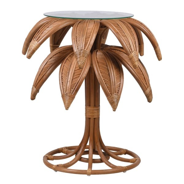 Stolik pomocniczy Palm 77 cm wysokości rattan szklany blat okrągły
